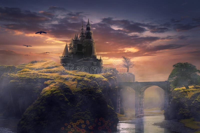 A royal castle on a fantasy hill connected by an old medieval bridge that flows the river below and sunlight begins to set and bir