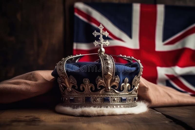 Royal crown on the background of the flag of the united kingdom of Great Britain and northern Ireland. Generative AI