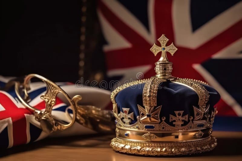 Royal crown on the background of the flag of the united kingdom of Great Britain and northern Ireland. Generative AI