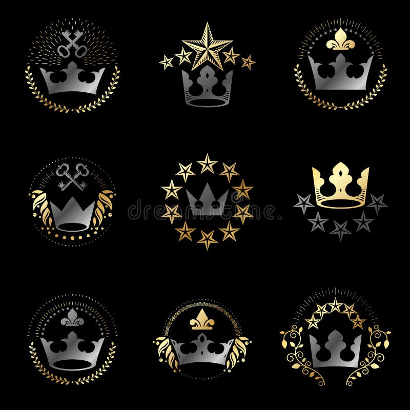 Royal Crowns Emblems Set Heraldic Coat Of Arms Decorative Logos Stock