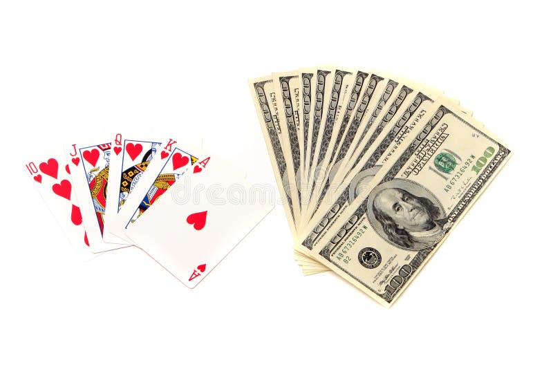 Royal flush poker hand and hundred dollar bills