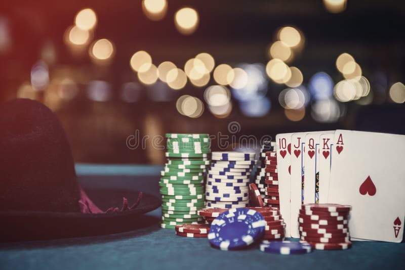 Royal Flush Combination with Poker Chips in Casino Stock Photo Image
