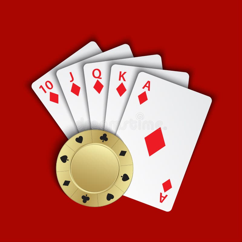 A royal flush of diamonds with gold poker chip on red background