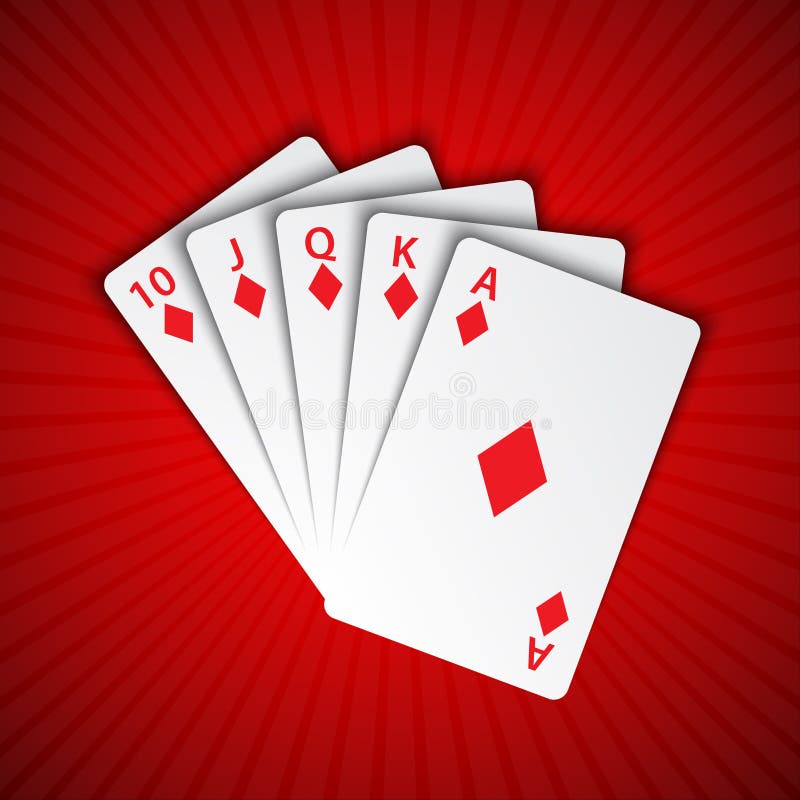 A royal flush of diamonds on red background, winning hands