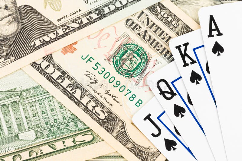 Royal Flush Poker Playing Cards on Dollar Banknote Stock Photo Image