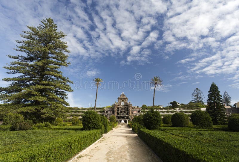 General view of the french inspired Royal Gardens of Caxias with the water cascade in the background, Portugal. General view of the french inspired Royal Gardens of Caxias with the water cascade in the background, Portugal