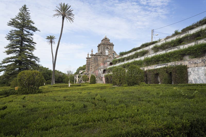 General view of the french inspired Royal Gardens of Caxias with the water cascade in the background, Portugal. General view of the french inspired Royal Gardens of Caxias with the water cascade in the background, Portugal