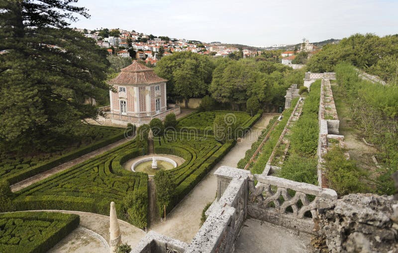 View of the french inspired geometric shaped shrubs of boxwood Buxus sempervirens in the Royal Gardens of Caxias, Portugal. View of the french inspired geometric shaped shrubs of boxwood Buxus sempervirens in the Royal Gardens of Caxias, Portugal