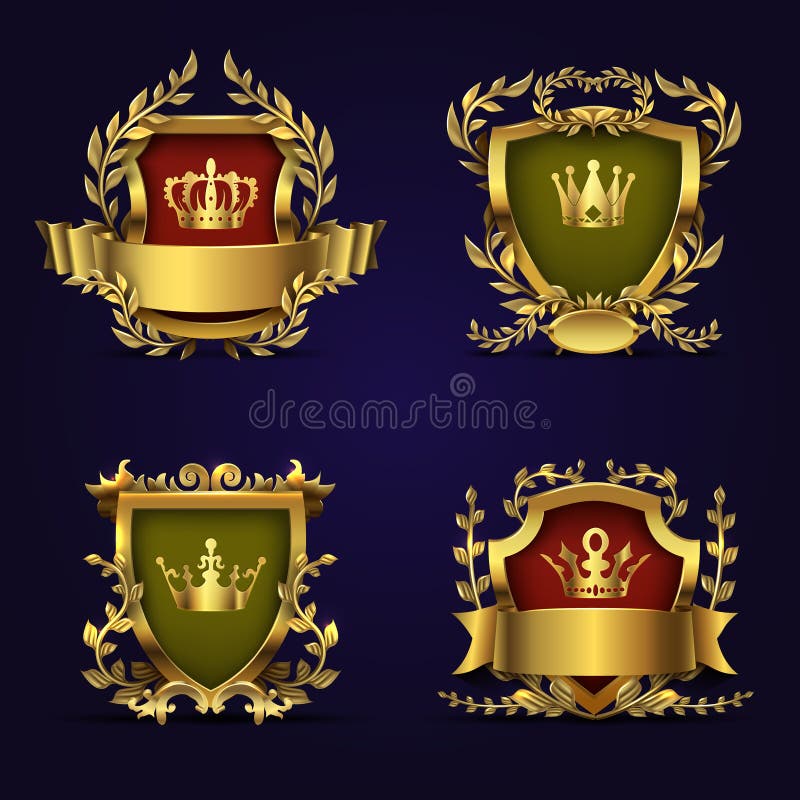 Royal Heraldic Vector Emblems In Victorian Style With Golden Crown