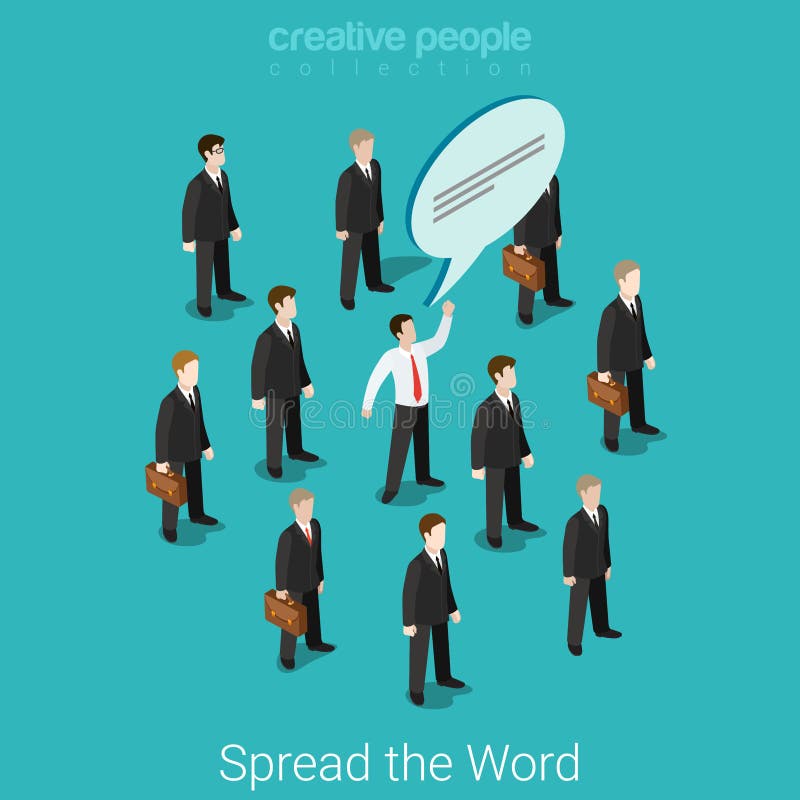 Spread the word of mouth flat 3d isometry isometric business communication marketing PR promo concept web vector illustration. Businessmen group and one with chat bubble. Creative people collection. Spread the word of mouth flat 3d isometry isometric business communication marketing PR promo concept web vector illustration. Businessmen group and one with chat bubble. Creative people collection.