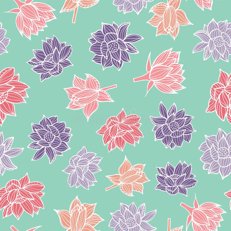 Roze en purpere waterlilies of de lotusbloem bloeien op van het aqua blauwe naadloze patroon textuur als achtergrond in een moder vector illustratie Roze en purpere waterlilies of de lotusbloem bloeien op van het aqua blauwe naadloze patroon textuur als achtergrond in een moder vector illustratie