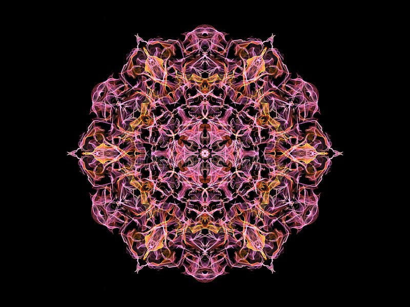 Roze, gele en oranje abstracte vlam mandala-bloem, ornamental florale ronde patroon op zwarte achtergrond thema Yoga royalty-vrije illustratie Roze, gele en oranje abstracte vlam mandala-bloem, ornamental florale ronde patroon op zwarte achtergrond thema Yoga royalty-vrije illustratie