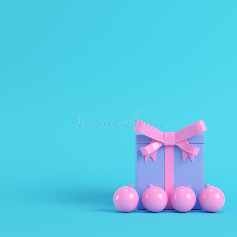 Roze giftdoos met lintboog en Kerstmisbal op helder blauw stock illustratie Roze giftdoos met lintboog en Kerstmisbal op helder blauw stock illustratie