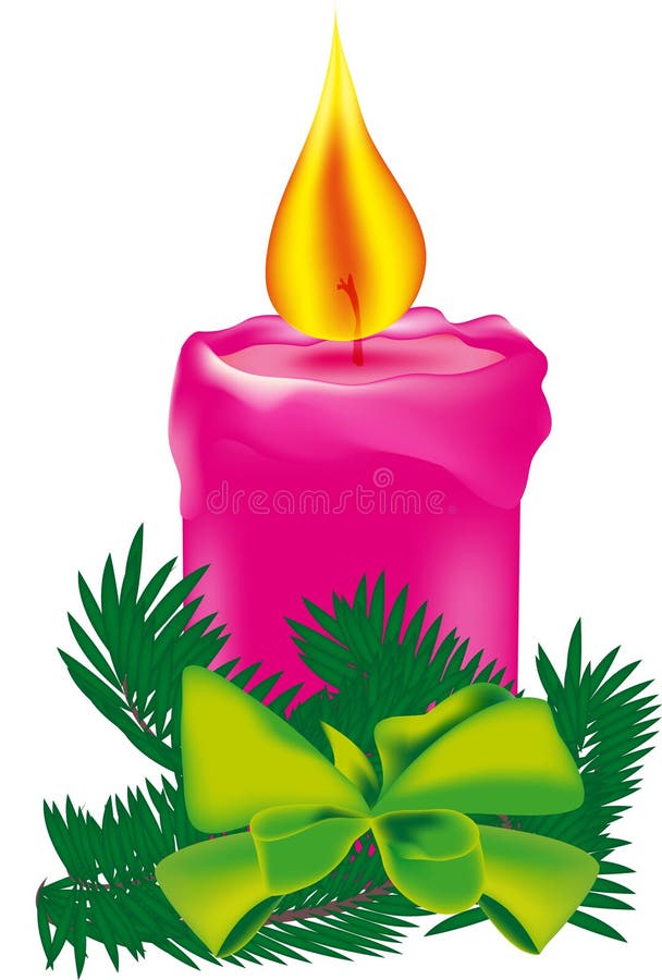 Vector of a pink christmas candle with a shining brightly flame and green twigs of firs, decorated with a green luminous ribbon. Vector of a pink christmas candle with a shining brightly flame and green twigs of firs, decorated with a green luminous ribbon