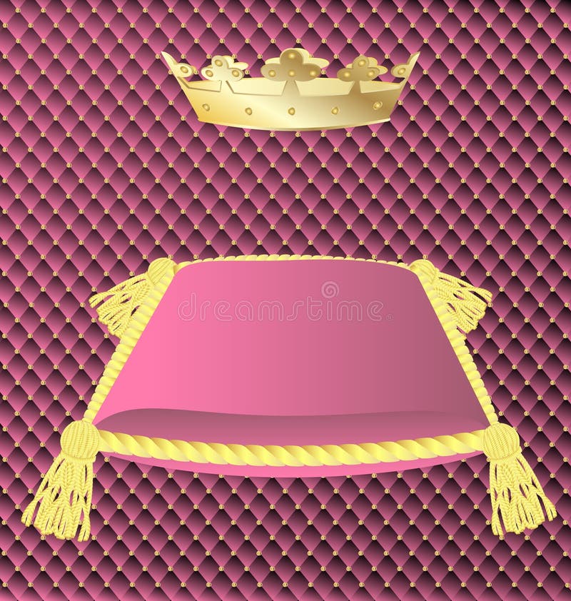 Against the background of a pink trim a large pink pillow with gold tassels and a gold crown. Against the background of a pink trim a large pink pillow with gold tassels and a gold crown