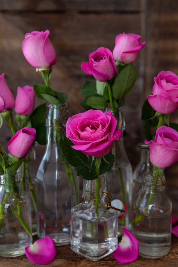 Roze rozen in kleine flessen royalty-vrije stock afbeelding Roze rozen in kleine flessen royalty-vrije stock afbeelding