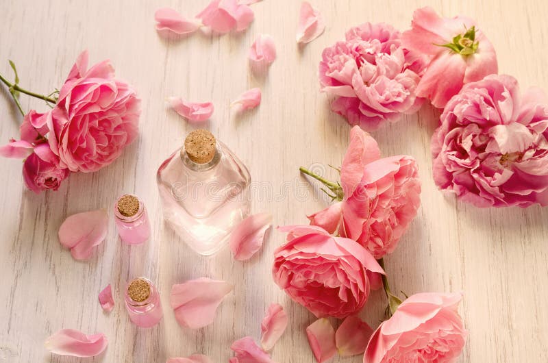 Rozewater in glasfles en roze bloemen met bloemblaadjes op witte houten achtergrond KUUROORD of aromatherapy concept stock foto Rozewater in glasfles en roze bloemen met bloemblaadjes op witte houten achtergrond KUUROORD of aromatherapy concept stock foto