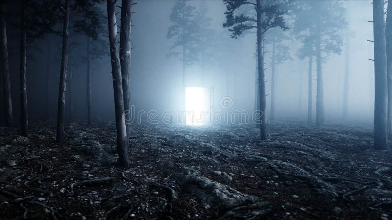 Rozjarzony drzwi w mgły nocy lasu światła portalu Mistic i magiczny pojęcie świadczenia 3 d ilustracji Rozjarzony drzwi w mgły nocy lasu światła portalu Mistic i magiczny pojęcie świadczenia 3 d ilustracji