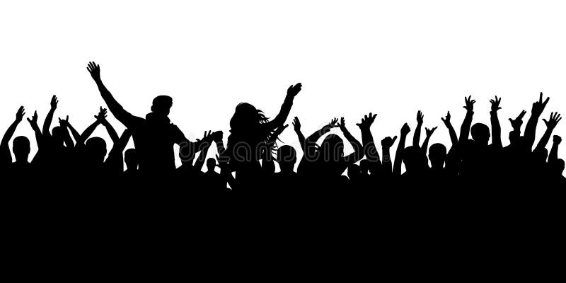 Rozochocony tłum sylwetki tło Partyjni ludzie, oklaskują Fan tana koncert, dyskoteka royalty ilustracja