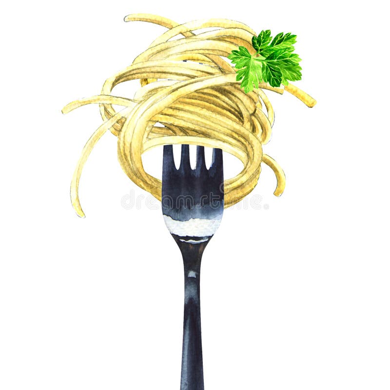 Rozwidla z spaghetti, kluski, makaron, zielona pietruszka, odizolowywająca, akwareli ilustracja obrazy stock Rozwidla z spaghetti, kluski, makaron, zielona pietruszka, odizolowywająca, akwareli ilustracja obrazy stock