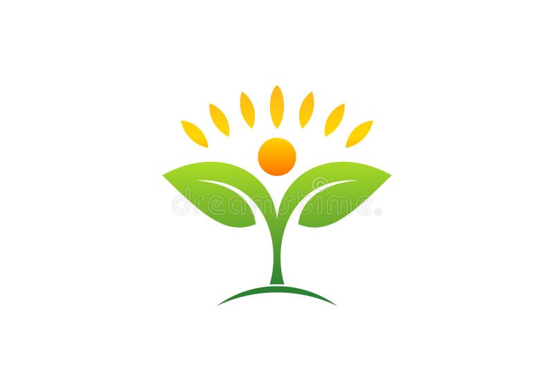 Roślina, ludzie, naturalny, logo, zdrowie, słońce, liść, botanika, ekologia, symbol i ikona