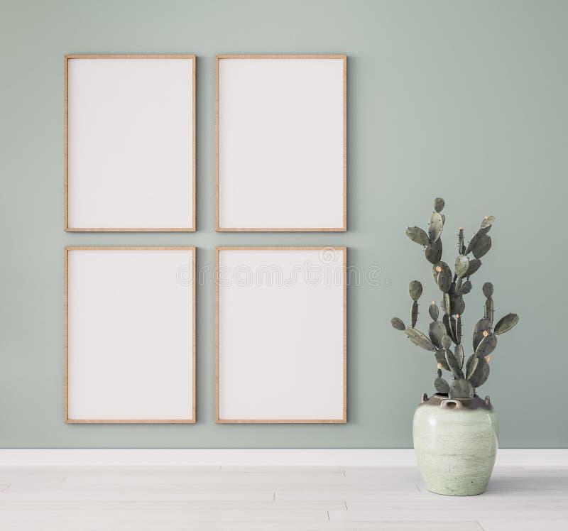 Minimal frame mock up design, succulent plant. four wooden frames on pastel green wall, Scandinavian style, 3D render. Minimal frame mock up design, succulent plant. four wooden frames on pastel green wall, Scandinavian style, 3D render