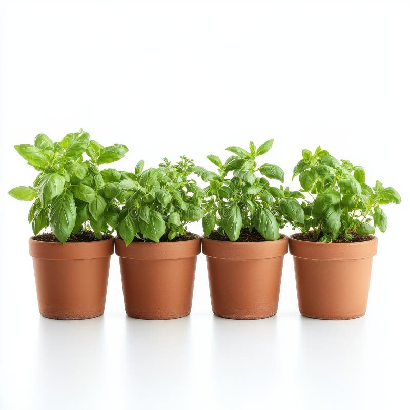Rośliny Bazyli Świeżych w Tarracotta Pots Garden Herbs Hodowla Gleby Liściowej Żywność Zielona Aroma ilustracja wektor