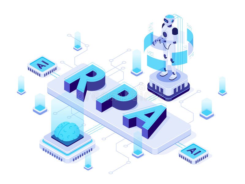 RPA isométrica Automatización de procesos robóticos, robots futuristas de inteligencia artificial e ilustración vectorial de apre libre illustration