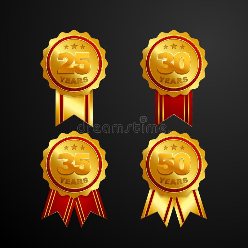 ?rsdaglogoemblem med bandvektordesign St?ll in av den skinande guld- r?da medaljknappen med nummer f?r f?delsedagber?m royaltyfri illustrationer ?rsdaglogoemblem med bandvektordesign St?ll in av den skinande guld- r?da medaljknappen med nummer f?r f?delsedagber?m royaltyfri illustrationer