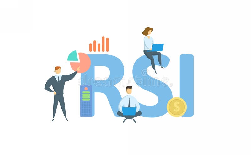 RSI，相对强度指数 包含关键字、人员和图标的概念 平面矢量插图 白色隔离 向量例证