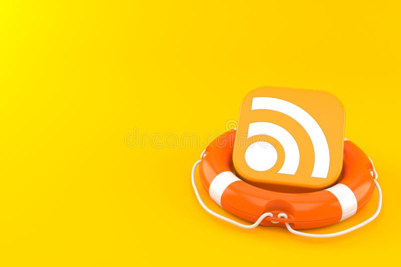 RSS-Symbol im Lebenslauf. RSS-Symbol im Leben, isoliert auf orangefarbenem Hintergrund 3D-Abbildung