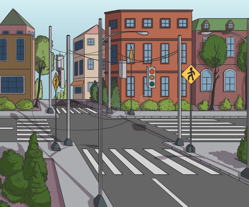 Rua da cidade com sinal das construções, do sinal, da faixa de travessia e de tráfego Fundo do ityscape do ¡ de Ð ilustração royalty free Rua da cidade com sinal das construções, do sinal, da faixa de travessia e de tráfego Fundo do ityscape do ¡ de Ð ilustração royalty free