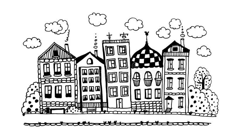 Rua de casas de campo bonitas engraçadas com jardins e ilustração gráfica da tinta das nuvens ilustração stock Rua de casas de campo bonitas engraçadas com jardins e ilustração gráfica da tinta das nuvens ilustração stock