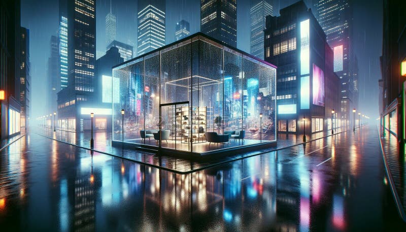 A city street with a glass building in the middle. The building is lit up with neon lights and has a glass front AI generated. A city street with a glass building in the middle. The building is lit up with neon lights and has a glass front AI generated