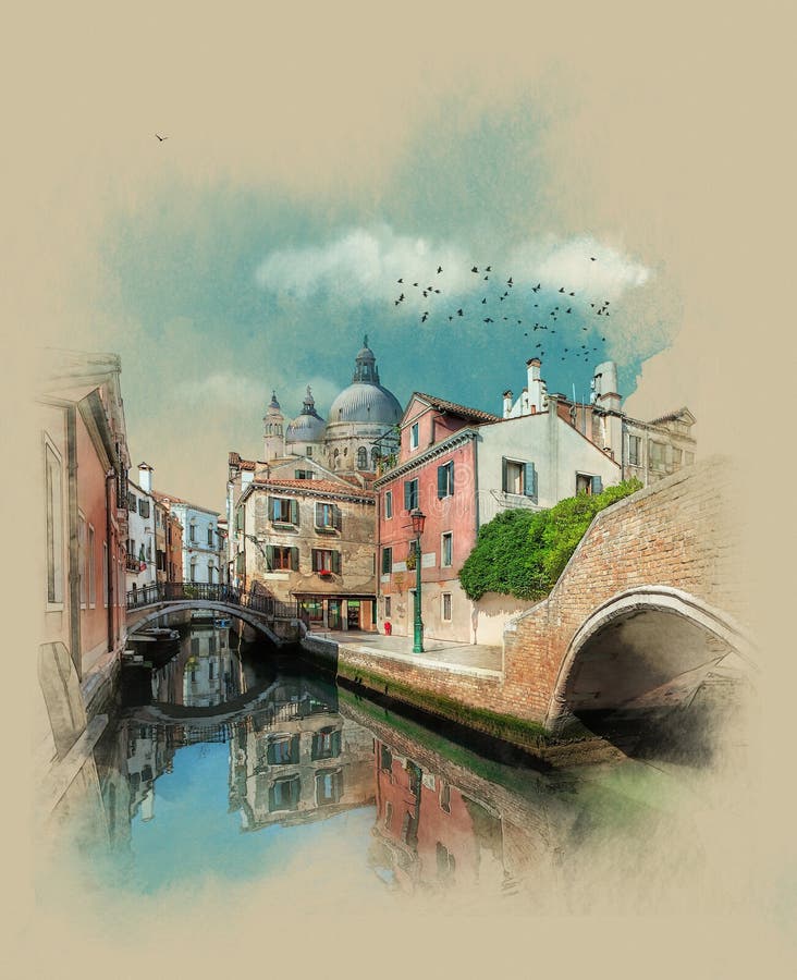 Rua do canal em Veneza, Itália Esboço da aquarela ilustração royalty free Rua do canal em Veneza, Itália Esboço da aquarela ilustração royalty free