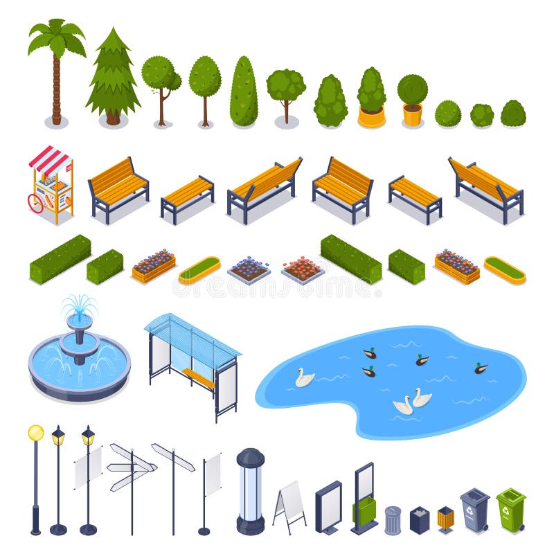 City streets and public park 3d isometric design elements. Vector urban outdoor landscape icons. Green trees, benches, lampposts, garbage containers, billboards isolated on white background. City streets and public park 3d isometric design elements. Vector urban outdoor landscape icons. Green trees, benches, lampposts, garbage containers, billboards isolated on white background