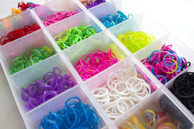 Colorful Elastic Rainbow Loom Bands in Gift Box Shaped Heart. Stock