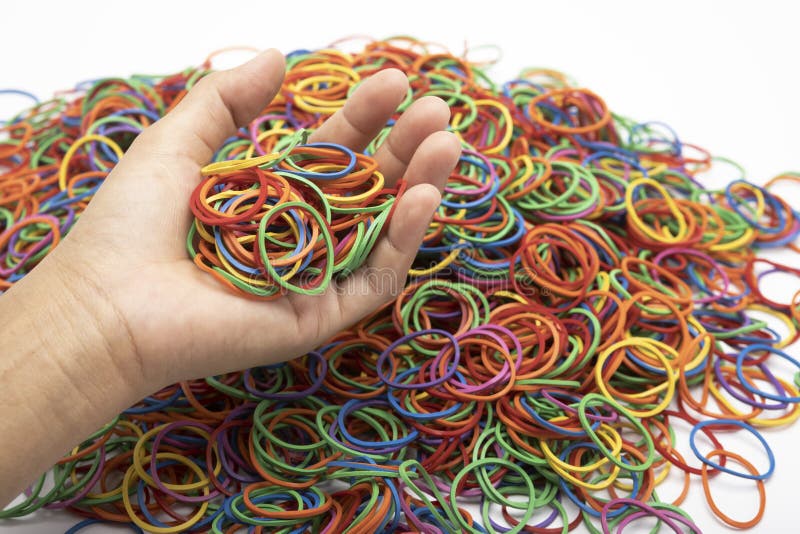 Rubber Bands , Holding a Pile of Multicolor Rubber Bands in Her Hand