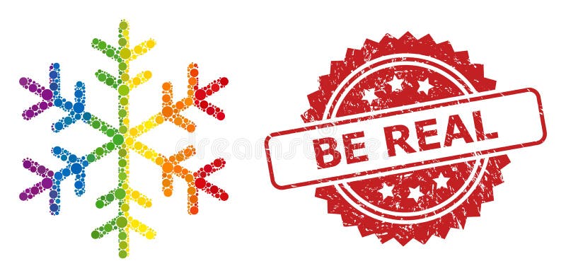 Rubber Be Real Stamp and Rainbow Snowflake Mosaic vector illustration