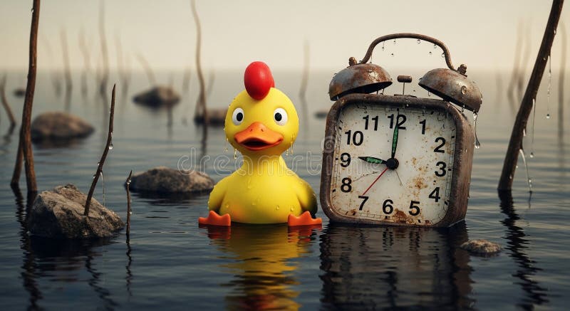 Rubber Duck and Alarm Clock in Flooded Landscape royalty free illustration