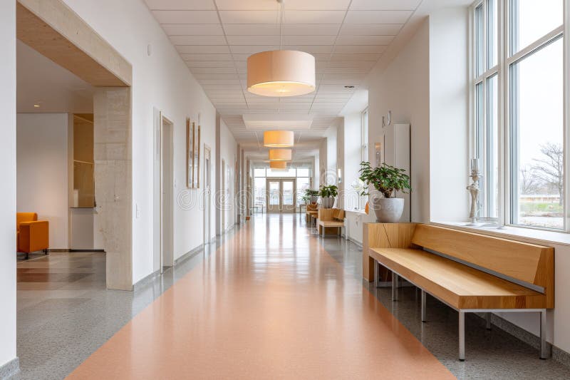 Rubber flooring in a modern hallway with natural light and contemporary design elements stock illustration