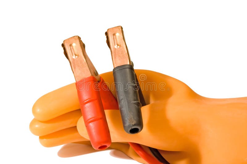 Rubber glove holds plugs red and black