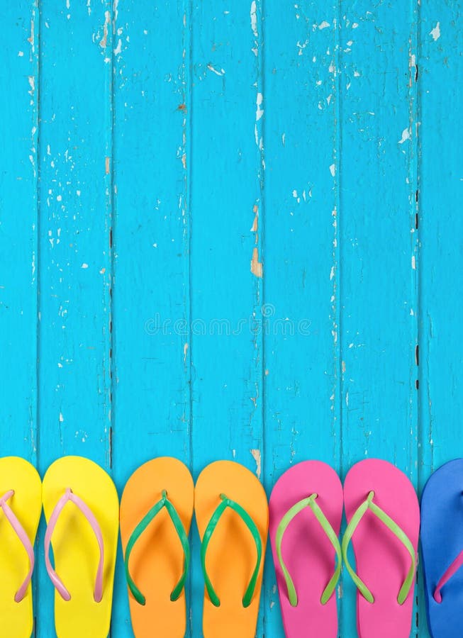 Rubber Sandals Flip Flops on Wooden Background Stock Image - Image of ...