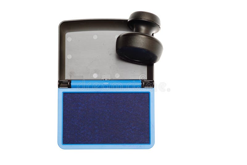 Rubber Stamp with Opened Blue Ink Pad Isolated Stock Image Image of