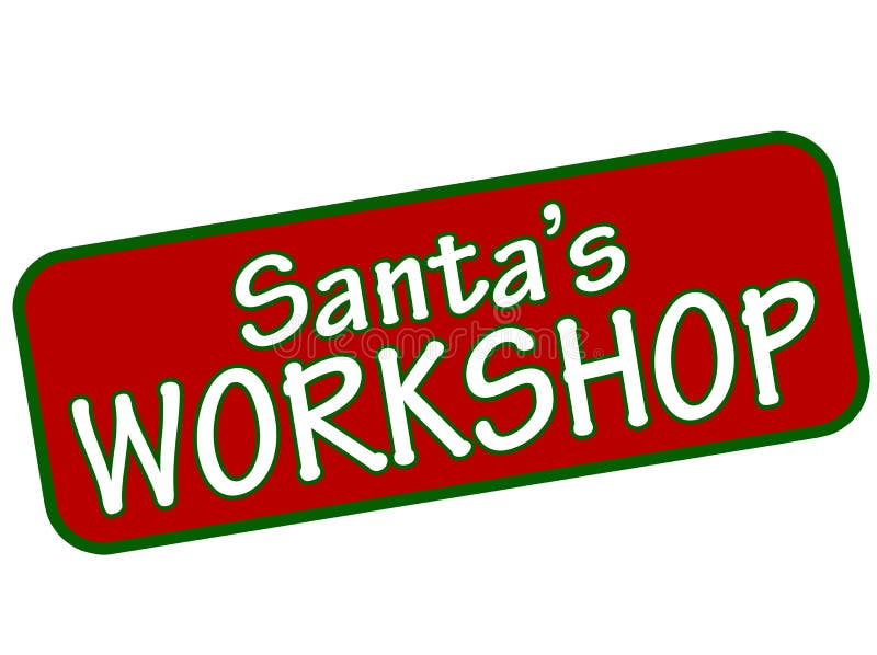 Rubber stamp with text Santa workshop inside, illustration. Inside santa workshop illustrations