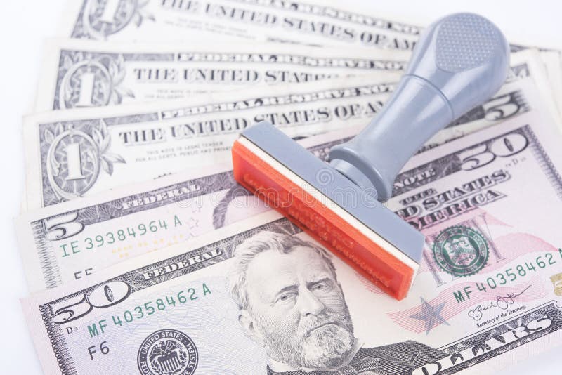 Rubber Stamper, Pen and Pile Coin Money with Dollar Bills. Stock Image Image of financial