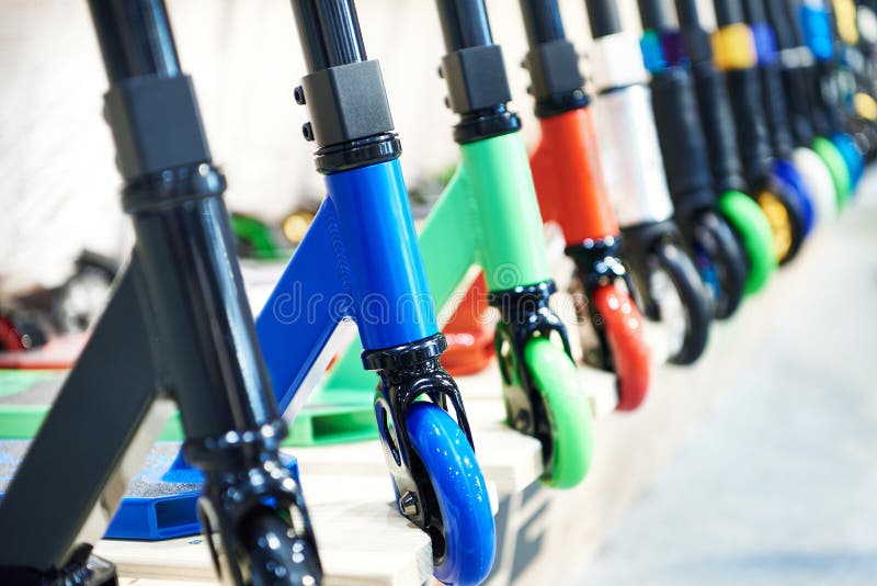 Rubber Wheels of Scooters in Shop Stock Photo Image of group