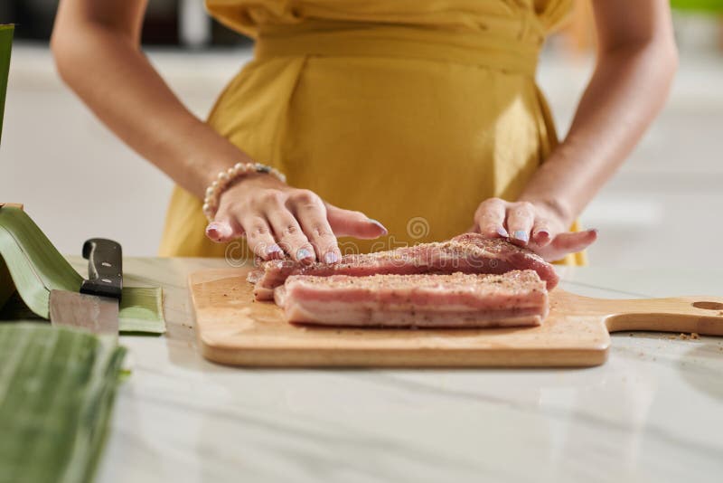 Rubbing Meat with Seasoning Stock Photo Image of cooking, hands