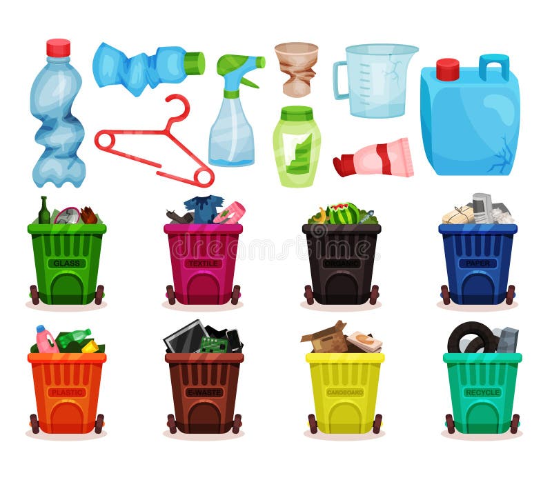Rubbish bins with sorted garbage set. Waste segregation. Garbage containers for recycling different types of waste royalty free illustration