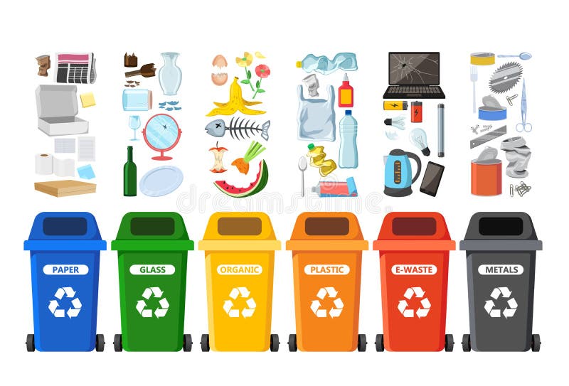 Rubbish les poubelles pour réutiliser différents types de déchets Les conteneurs de déchets dirigent l'infographics illustration stock Rubbish les poubelles pour réutiliser différents types de déchets Les conteneurs de déchets dirigent l'infographics illustration stock